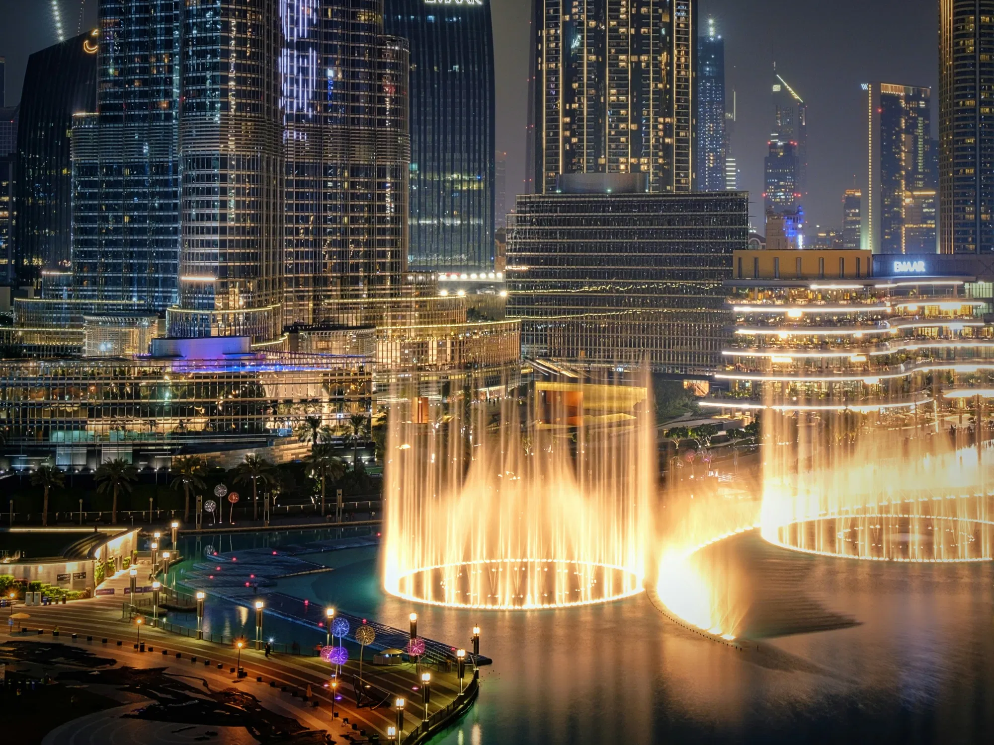 Dubai Fountain illuminated at night